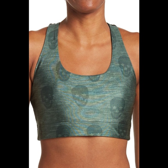 NWT TEREZ‎ [ LARGE ] Skull Star Power Racerback Sports Bra in Green Heather - Picture 1 of 9